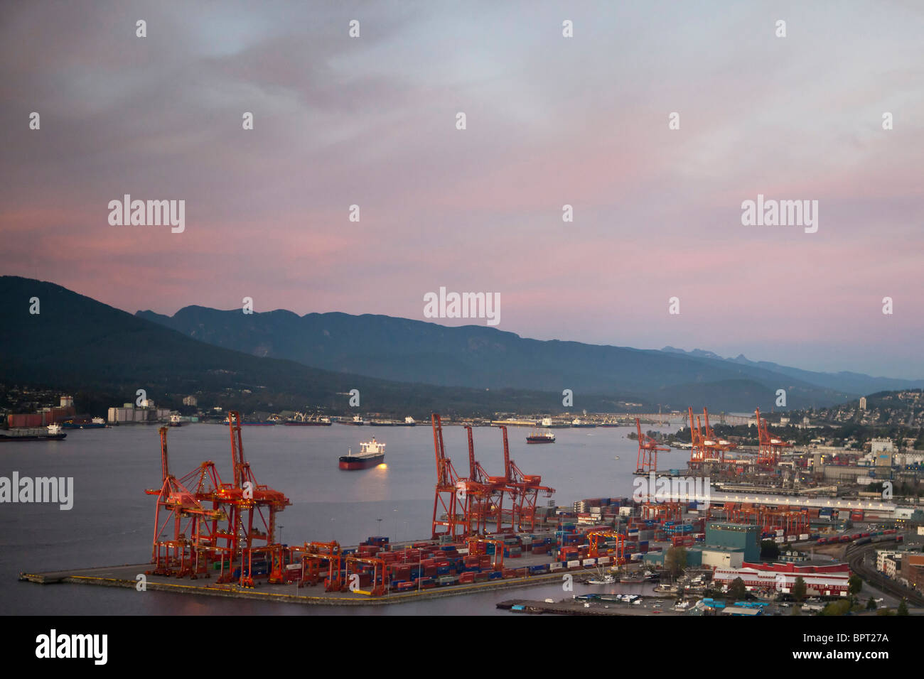 Port of Vancouver at dusk, with shipping terminals, Vancouver, British