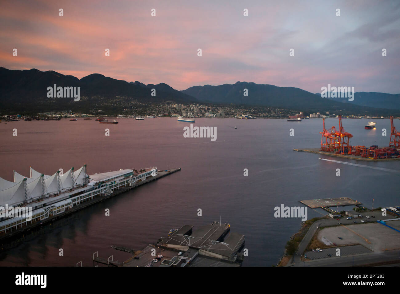 Aerial view of Canada Place and shipping terminals, Port of Vancouver