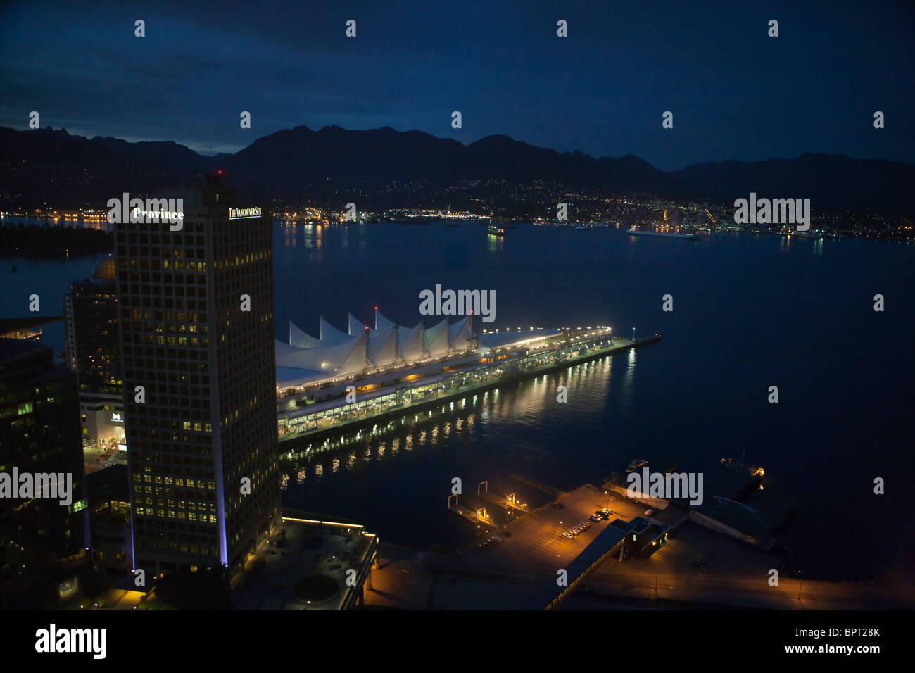 Aerial view of Canada Place at night, Vancouver, British Columbia, Canada Stock Photo
