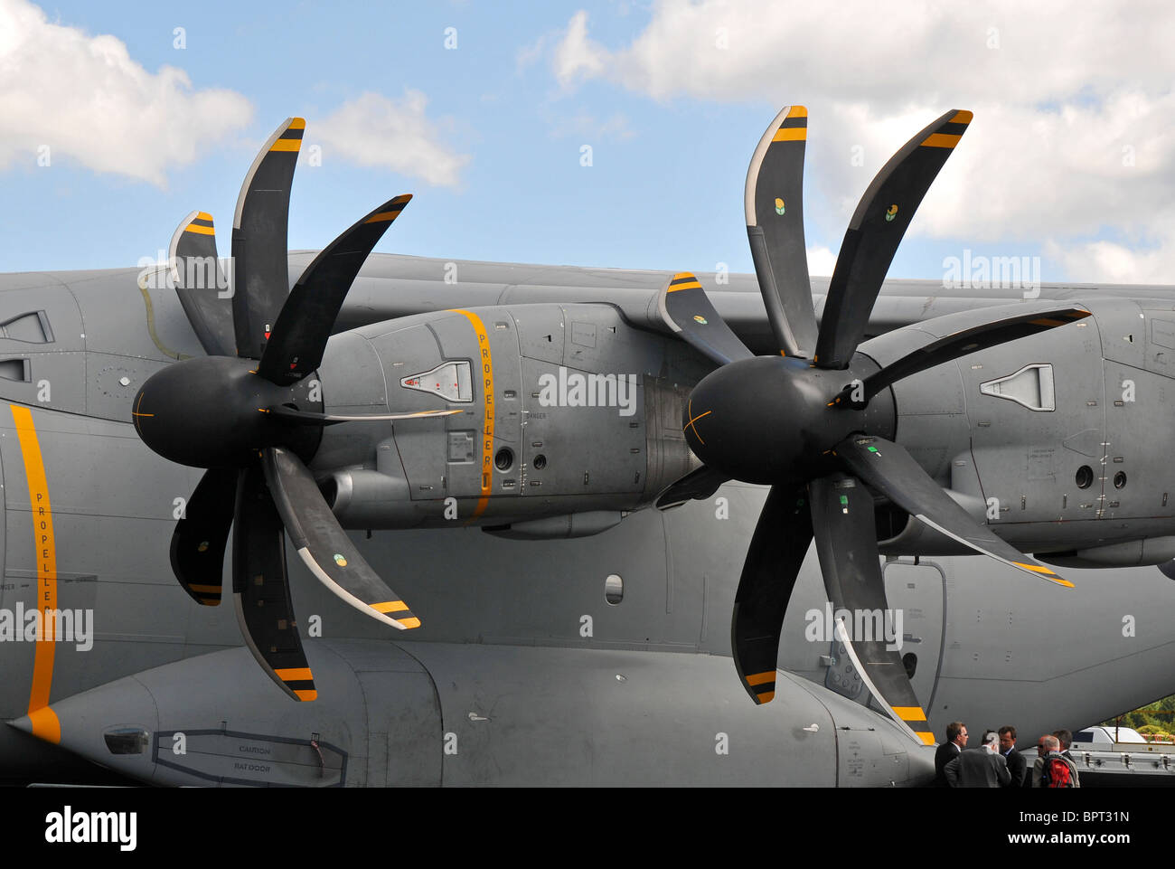 Airbus A400M military transport plane, close up of turboprop propellers Stock Photo