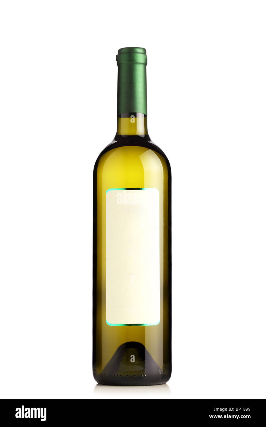 white wine bottle with green label against white background Stock Photo