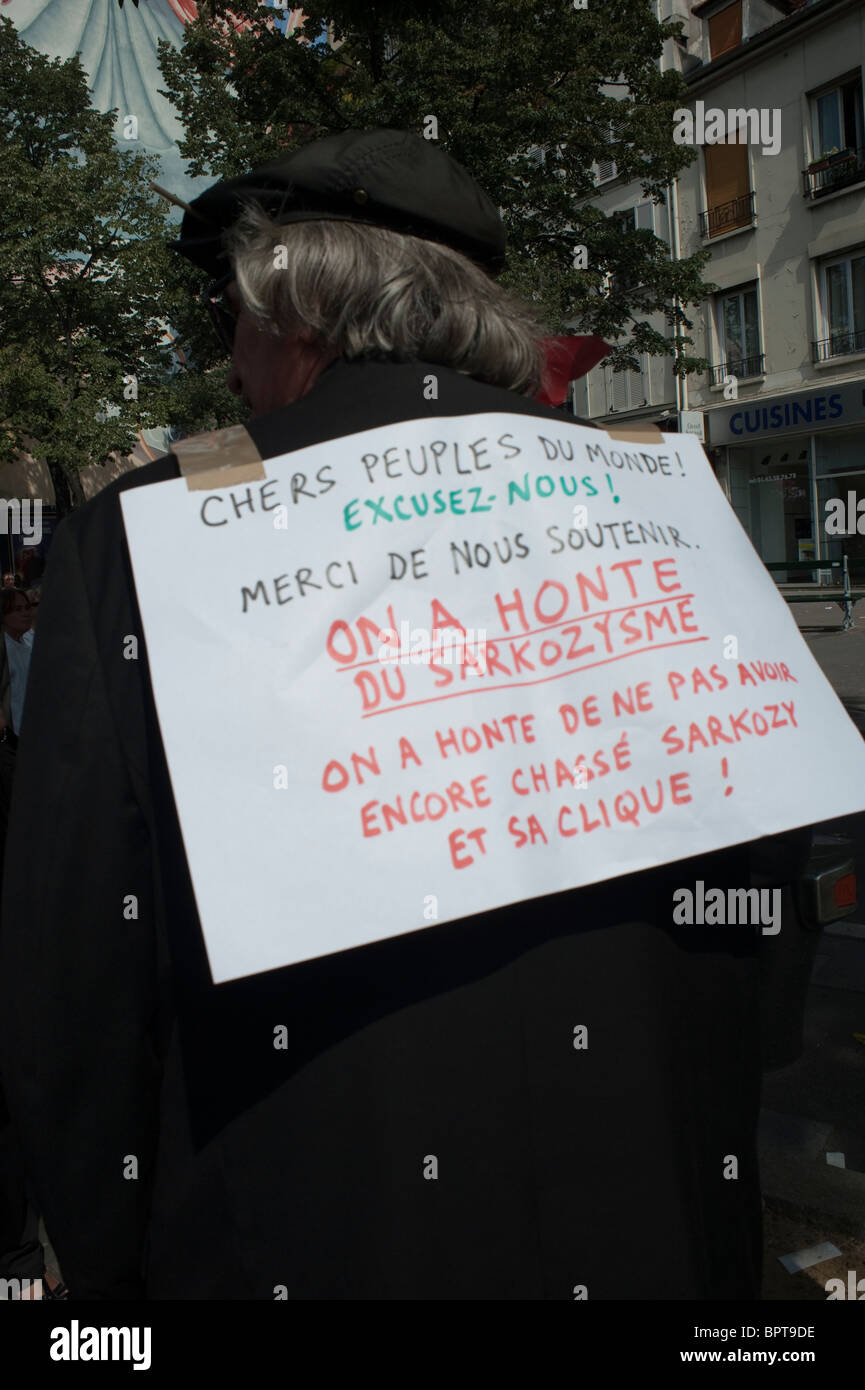 Paris, France, Close Up, Man with Sign on Back, Protest Against Roma ...
