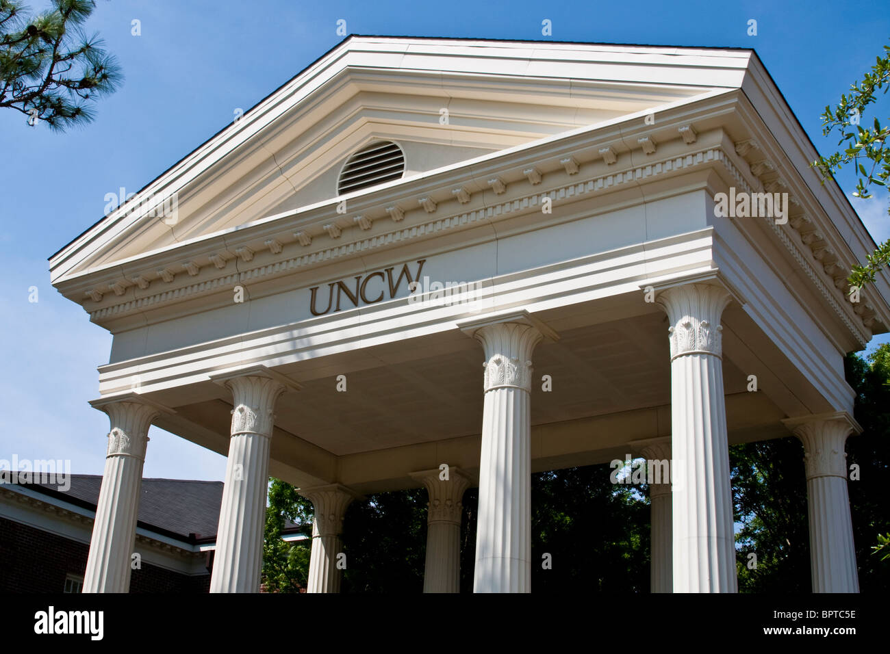 Columned archway at the University of North Carolina in Wilmington. Stock Photo