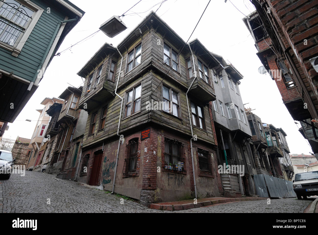 Istanbul. Turkey. Dilapidated Ottoman era wooden buildings in the Suleymaniye district. Stock Photo