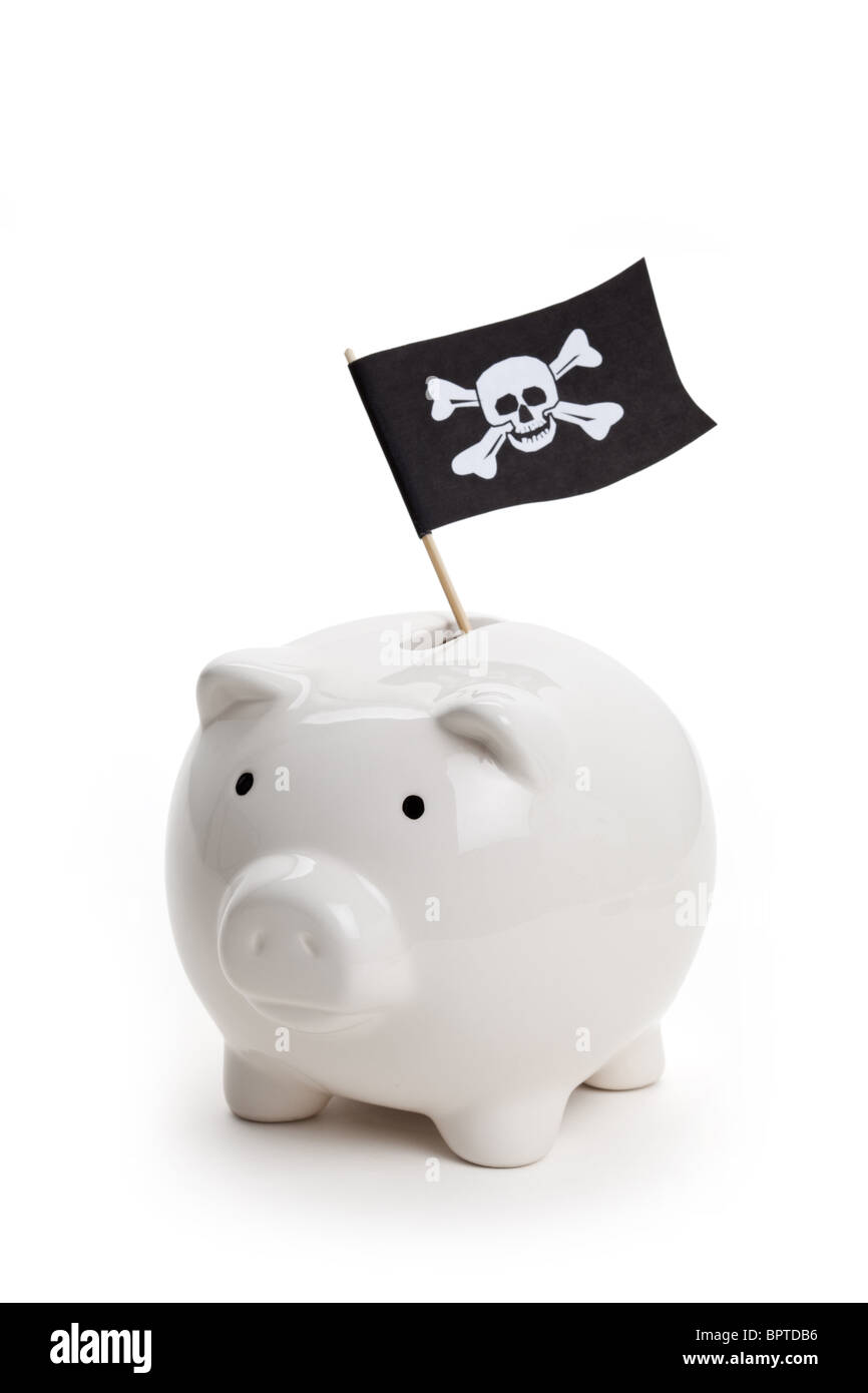 Pirate Flag and Piggy Bank, concept of business crime Stock Photo