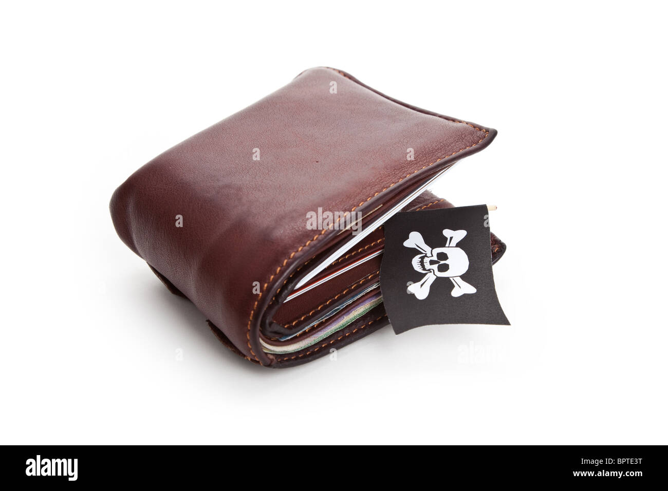 Pirate Flag and Wallet, concept of business crime Stock Photo
