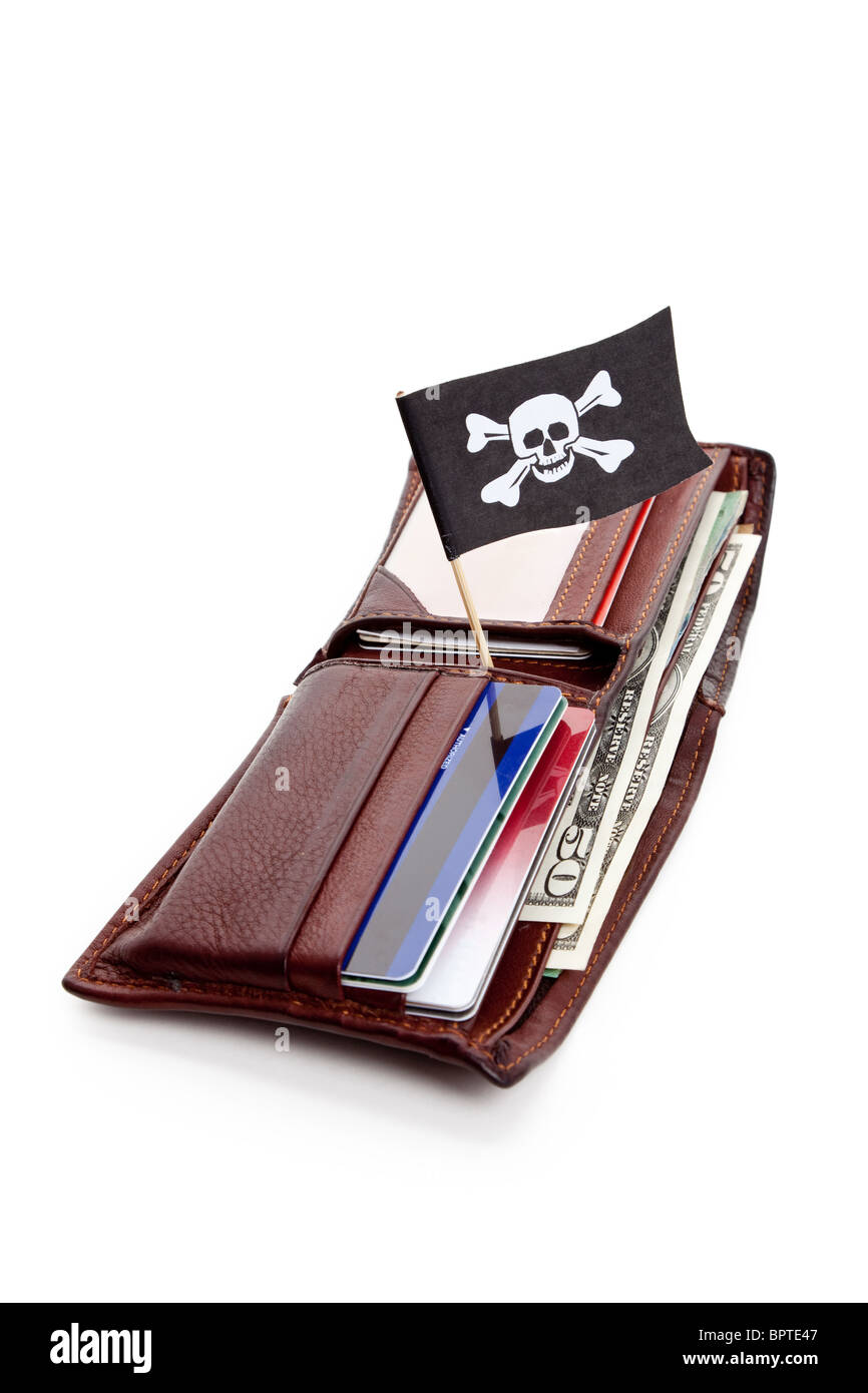 Pirate Flag and Wallet, concept of business crime Stock Photo