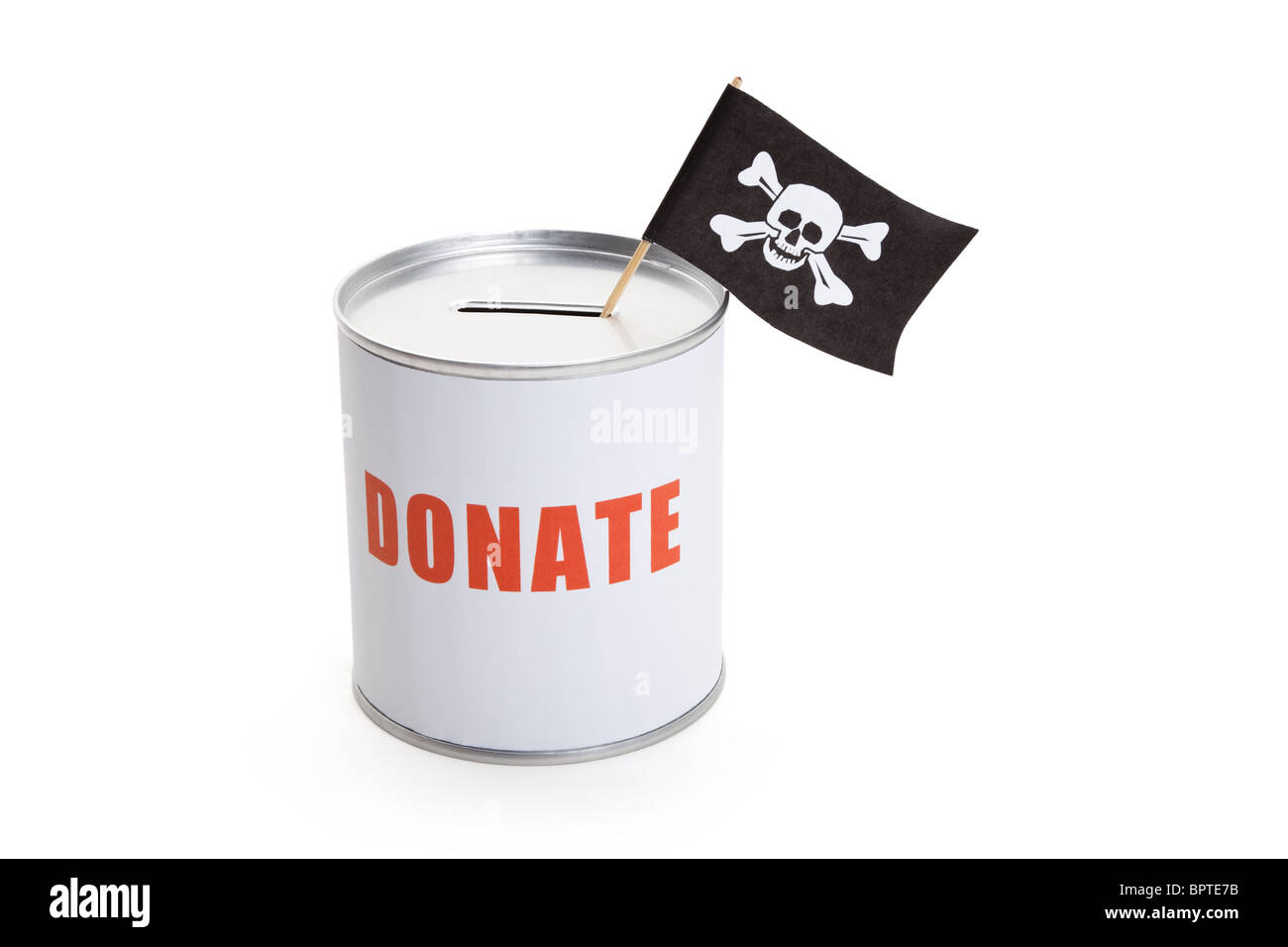 Donation Box and Pirate Flag, concept of financial Crime Stock Photo