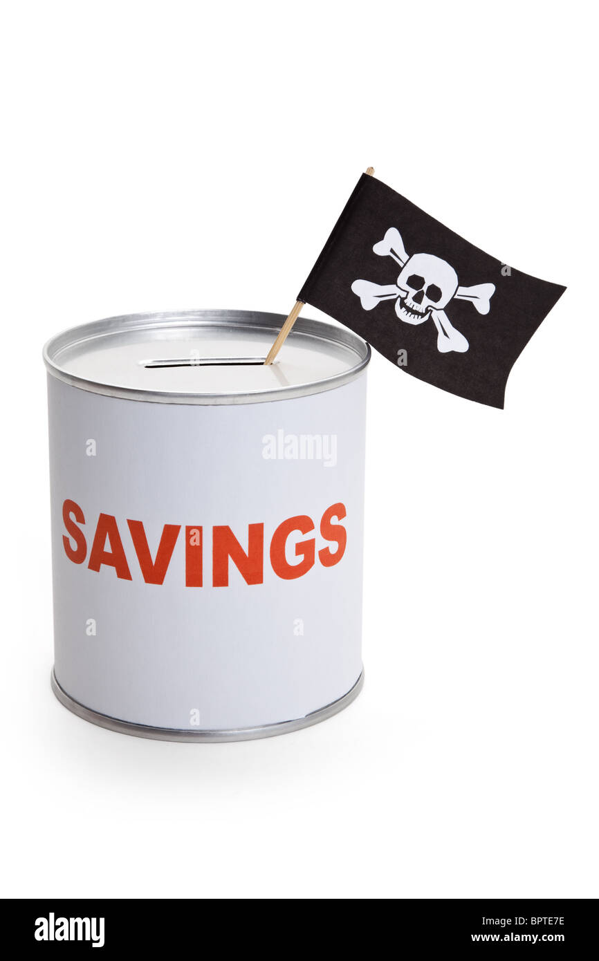 Coin Bank and Pirate Flag, concept of finance crime Stock Photo