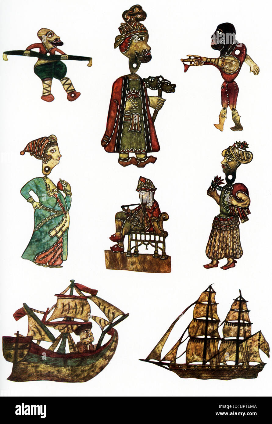 Karagoz  ("Black Eye") is the name for the traditional Turkish shadow puppet theater. Pictured here are 8 puppets. Stock Photo