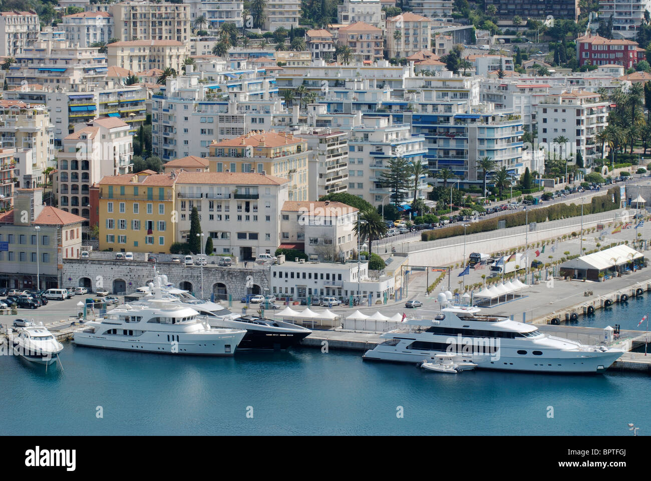 View to harbour and Port at Nice. Cote d'Azur. France. From Parc de la Colline du Chateau Stock Photo