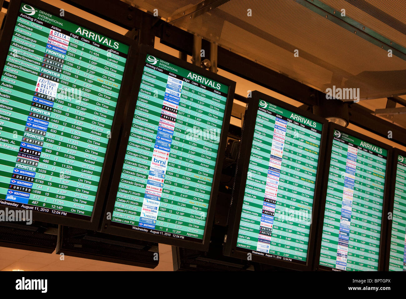 Flight arrival departure information computer monitor displays at the