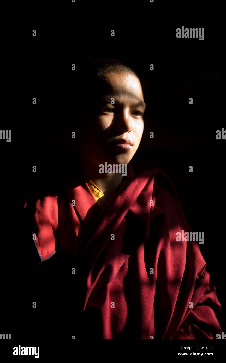 Portrait of a young Tibetan Buddhist Monk, Vajra Vidhya Institute, Sarnath, Uttar Pradesh, India. Stock Photo