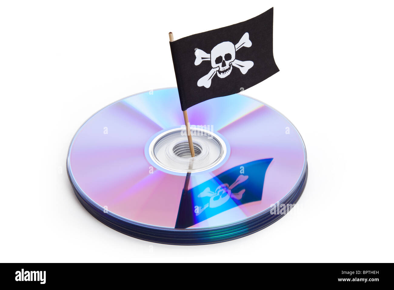 CD, DVD and Pirate Flag, concept of Piracy Stock Photo