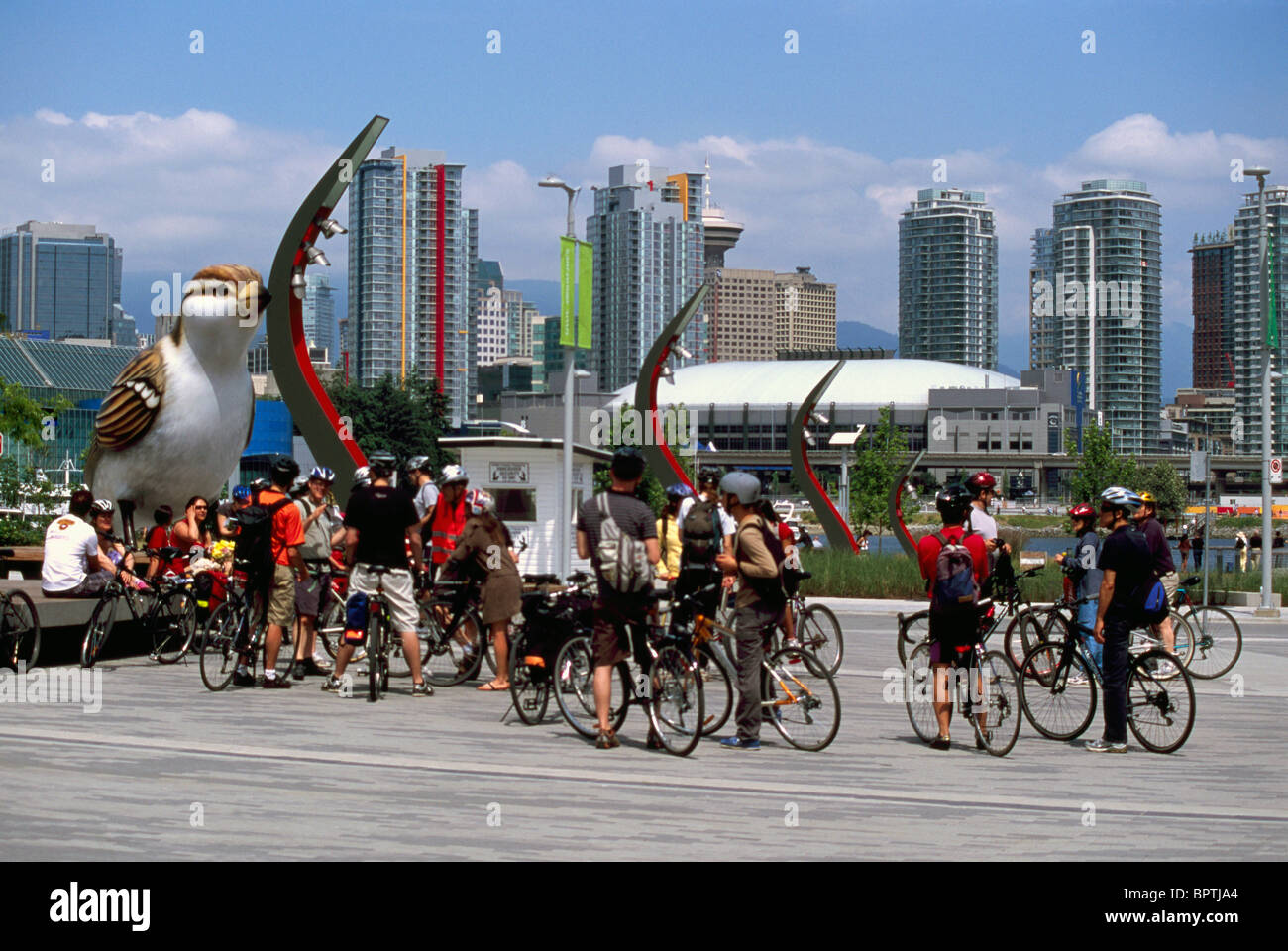 Vancouver, BC, British Columbia, Canada - A Group of Cyclists meets at Olympic Plaza, at The Village at False Creek Stock Photo