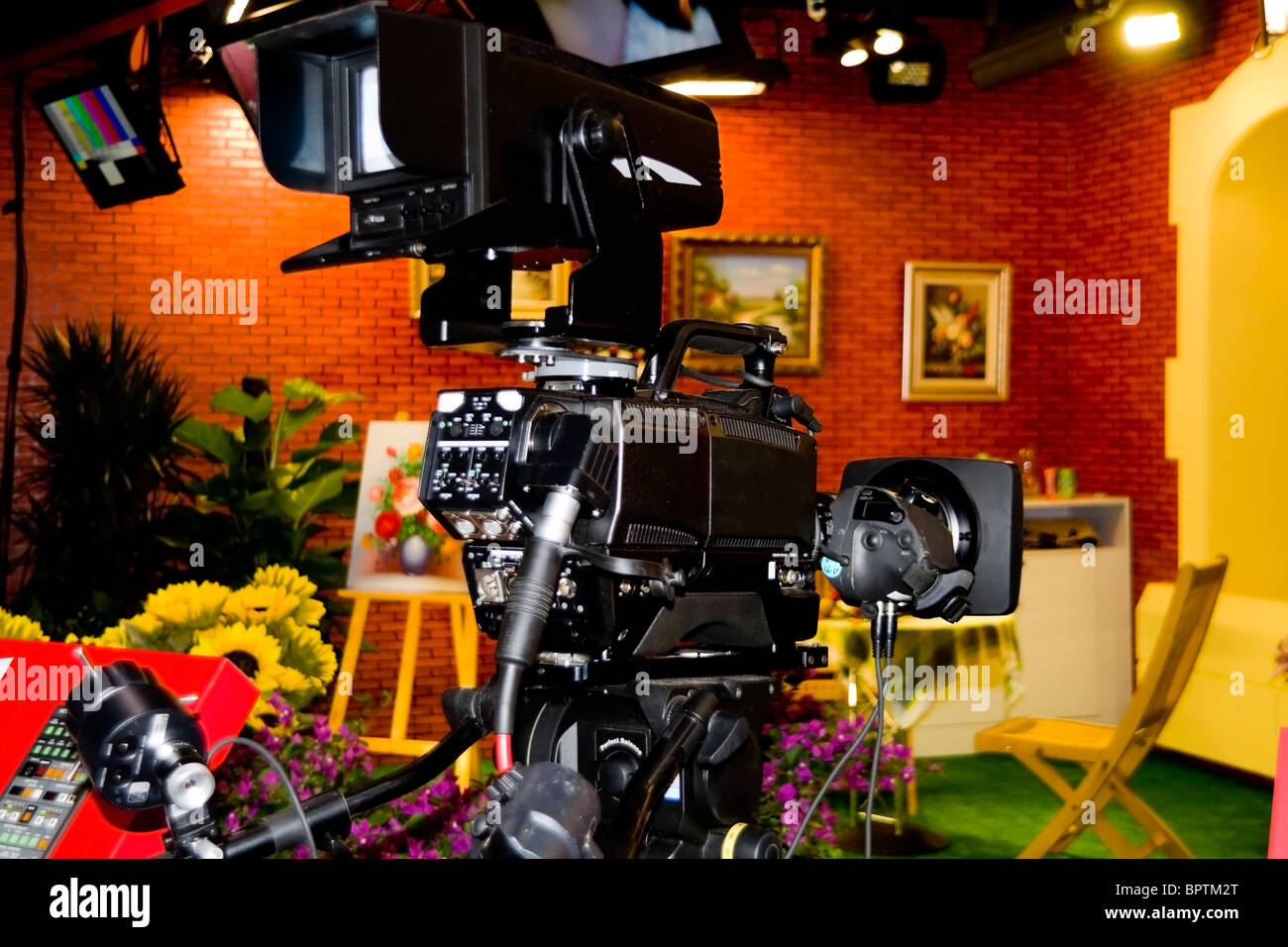 close up of Professional video camera in TV studio Stock Photo