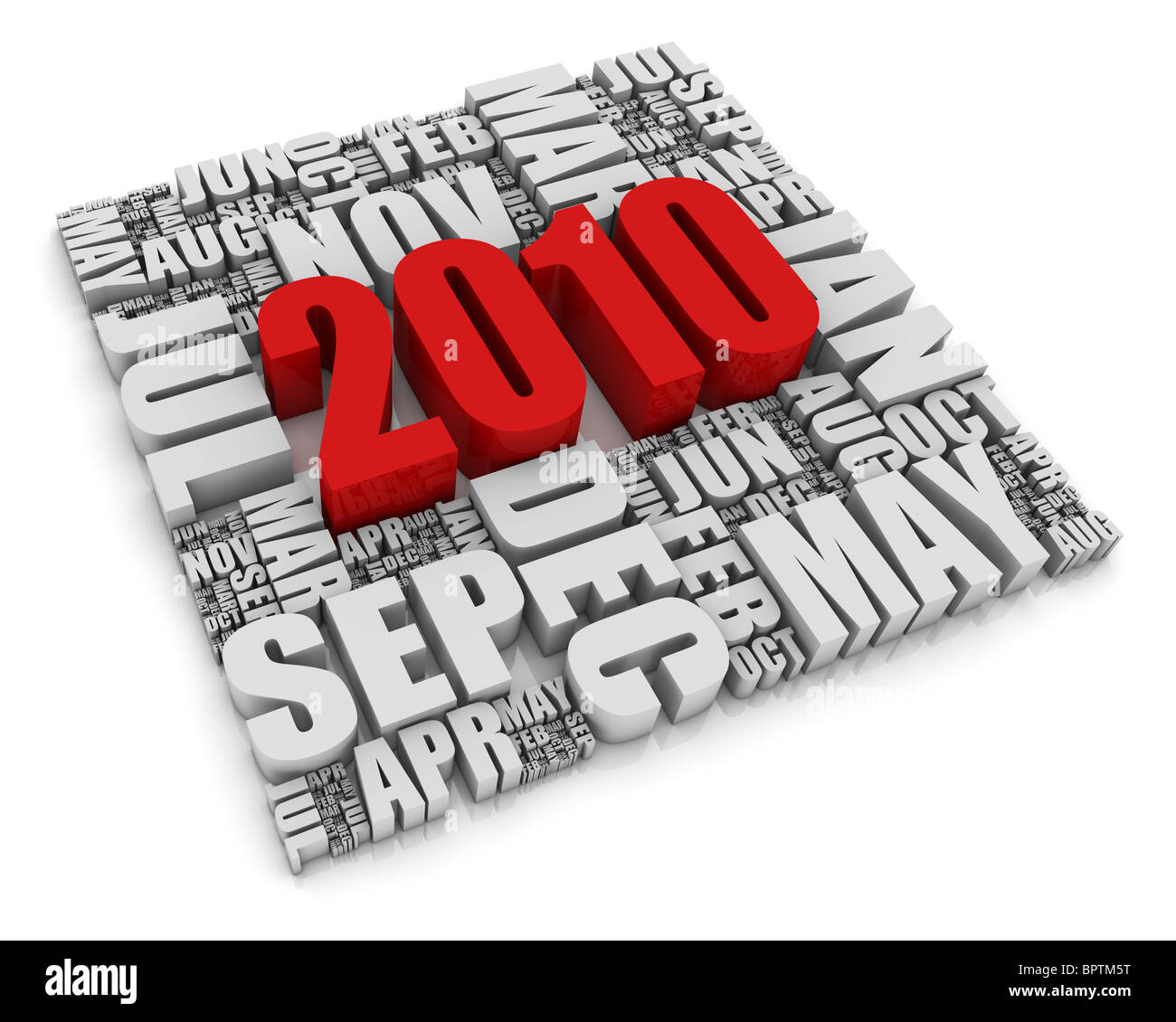 3D text representing the year 2010 and the twelve months. Part of a series of calendar concepts. Stock Photo