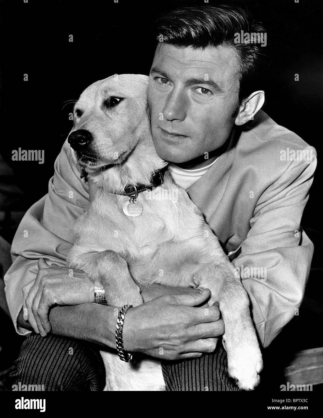 LAURENCE HARVEY WITH DOG ACTOR (1966) Stock Photo