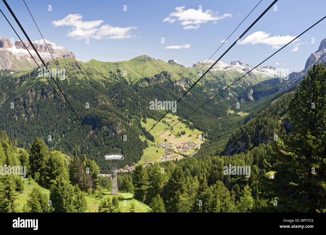 Aerial view of Fassa valley from Alba di Canazei to Fedaia pass Stock Photo