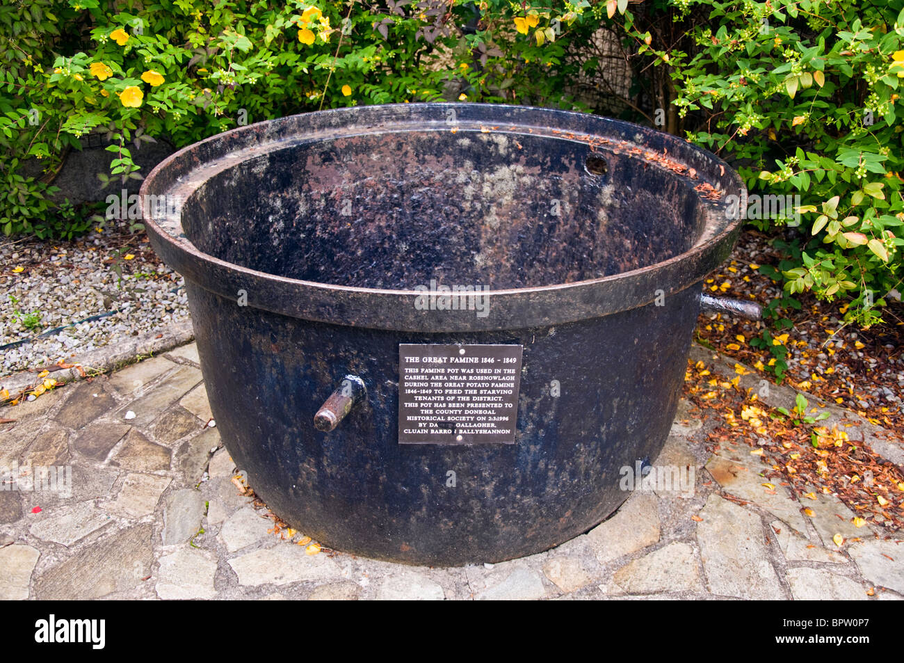 Famine pot used to cook soup for the starving during the Irish potato famine of 1846 - 1849 Stock Photo