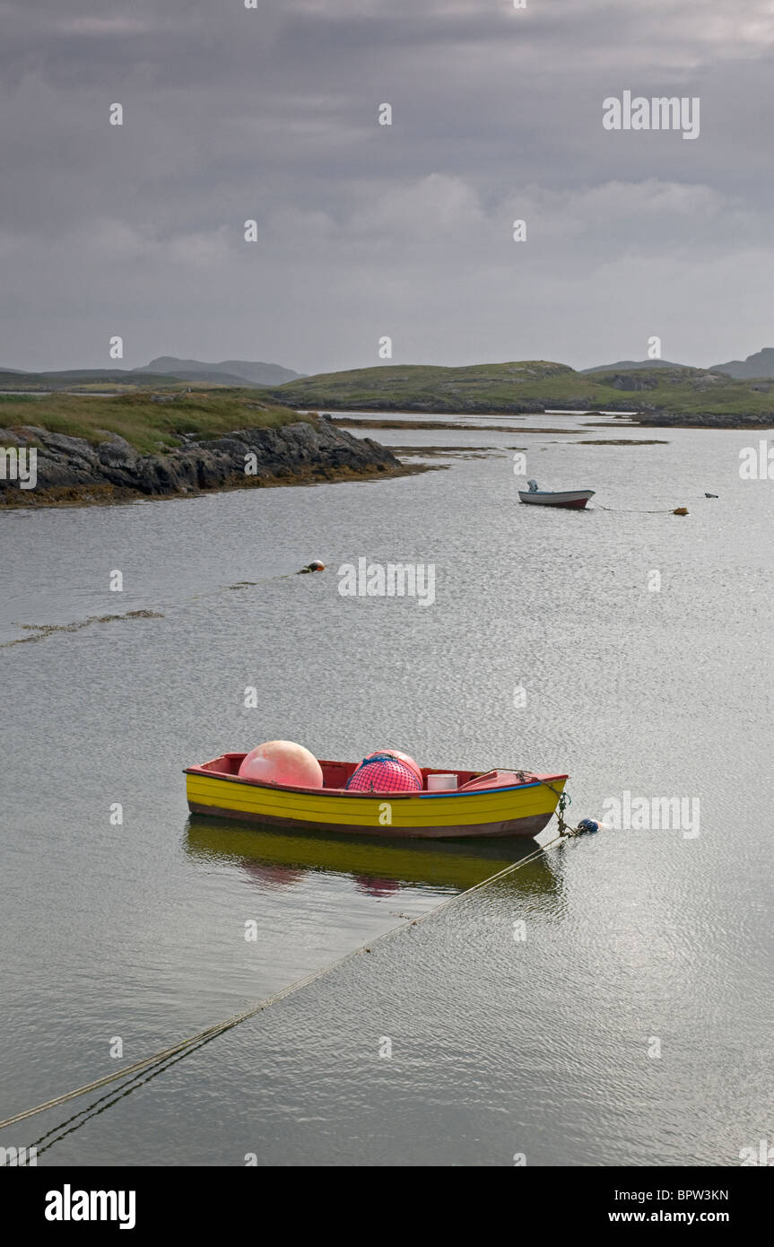 Moored lobster boat in Loch Thiarabagh Isle of Barra, Outer Hebrides,Western Isles. Scotland.  SCO 6512 Stock Photo