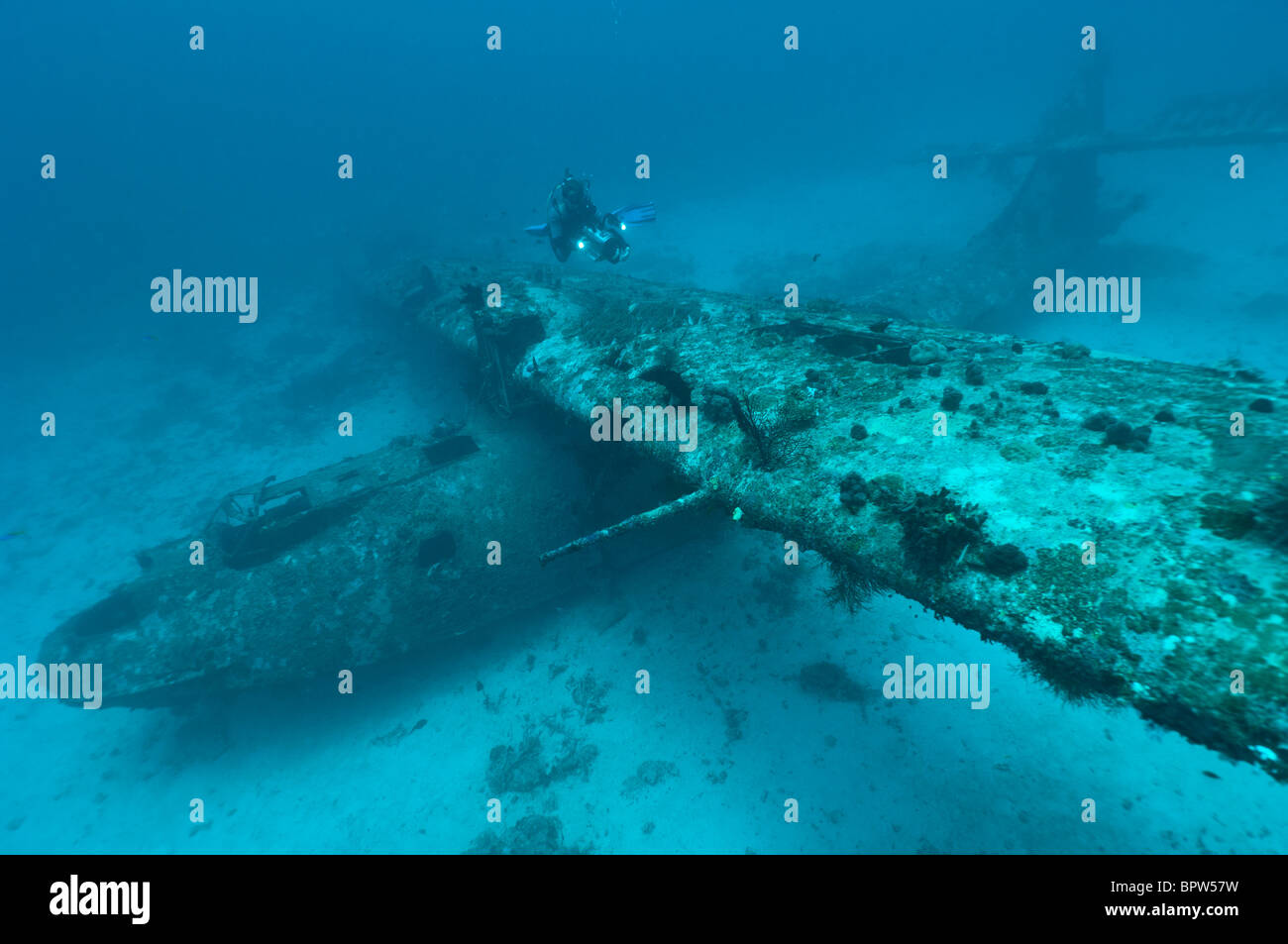 Cameraman filming the wreck of a PBY Catalina seaplane or flying boat underwater, Biak, West Papua, Indonesia. Stock Photo