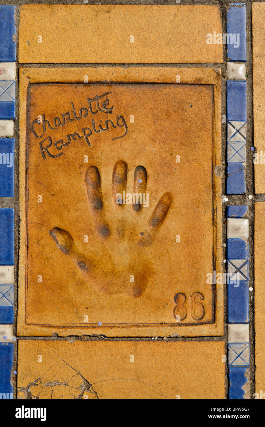 Clay handprint of English actress Charlotte Rampling outside the Palais des Festivals et des Congrès, Cannes Stock Photo