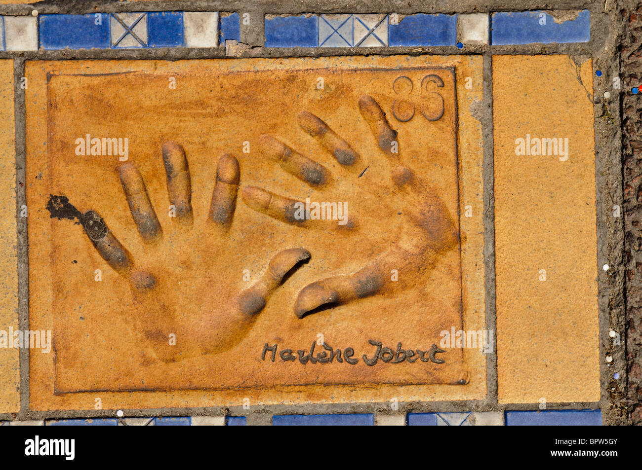 Clay handprint of French actress Marlene Jobert outside the Palais des Festivals et des Congrès, Cannes Stock Photo