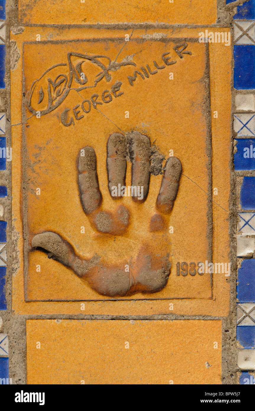 Clay handprint of Australian director George Miller outside the Palais des Festivals et des Congrès, Cannes Stock Photo