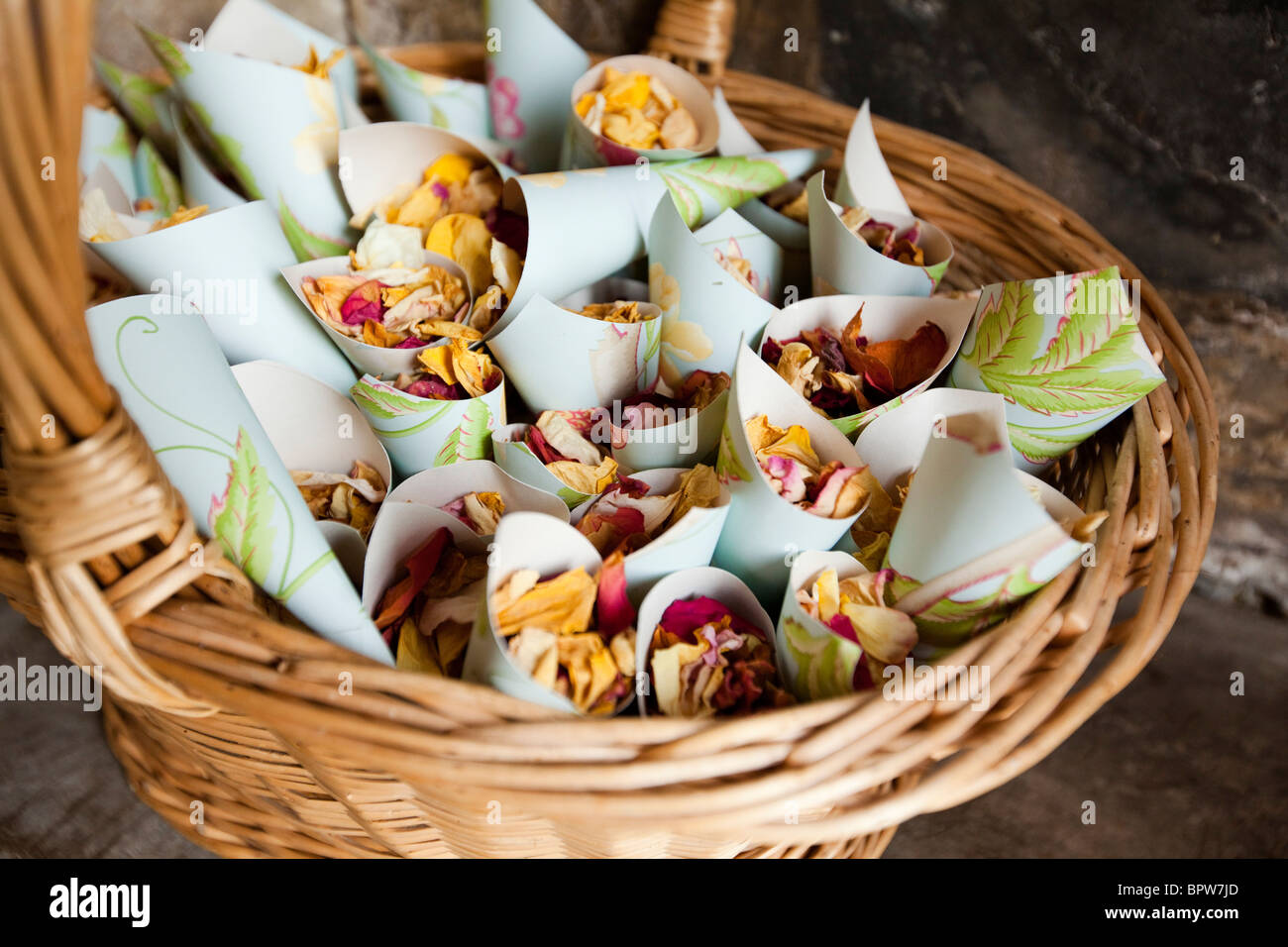 Wedding confetti in basket Stock Photo