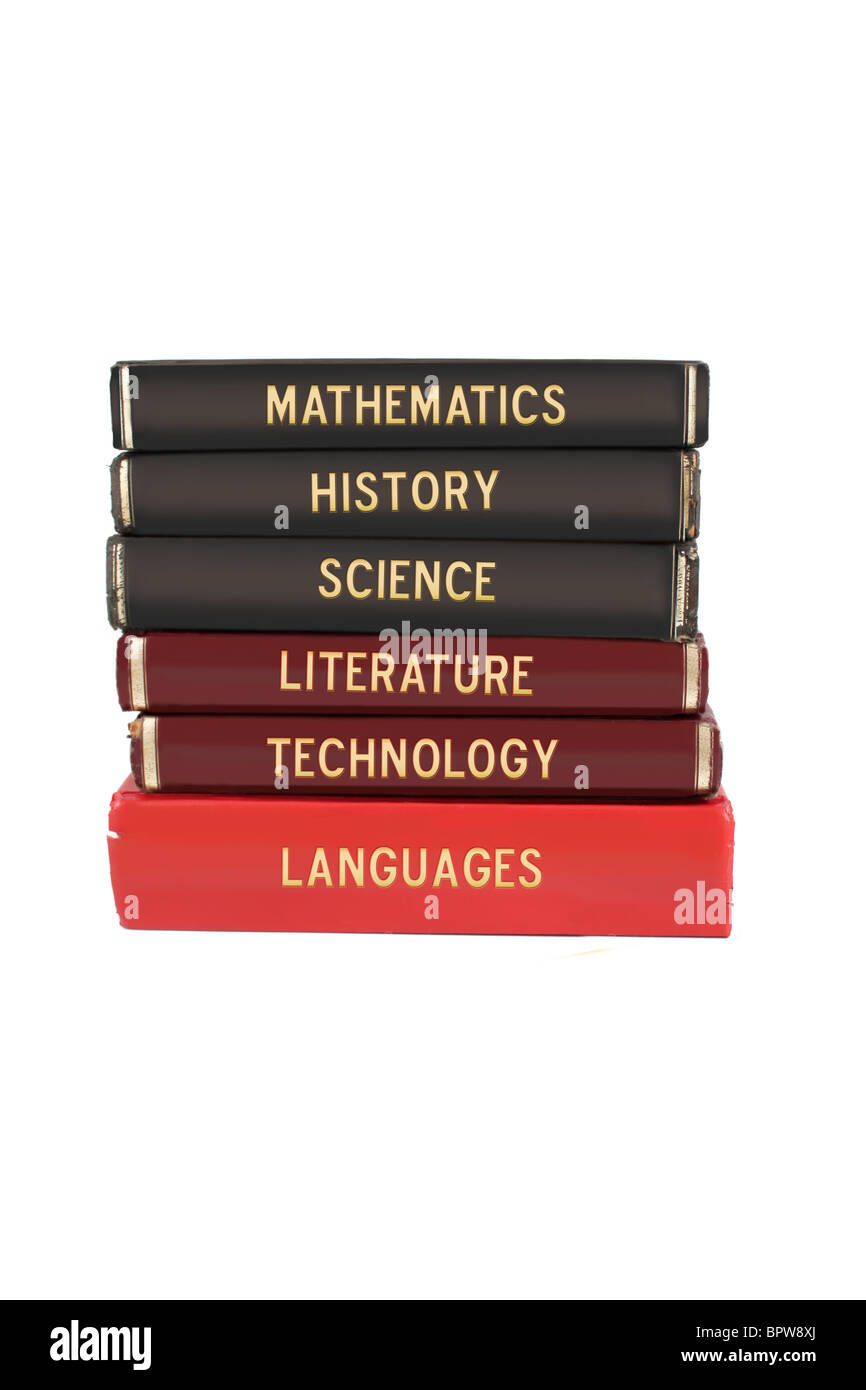 School subjects textbooks like mathematics, history, science, and technology on a white background Stock Photo