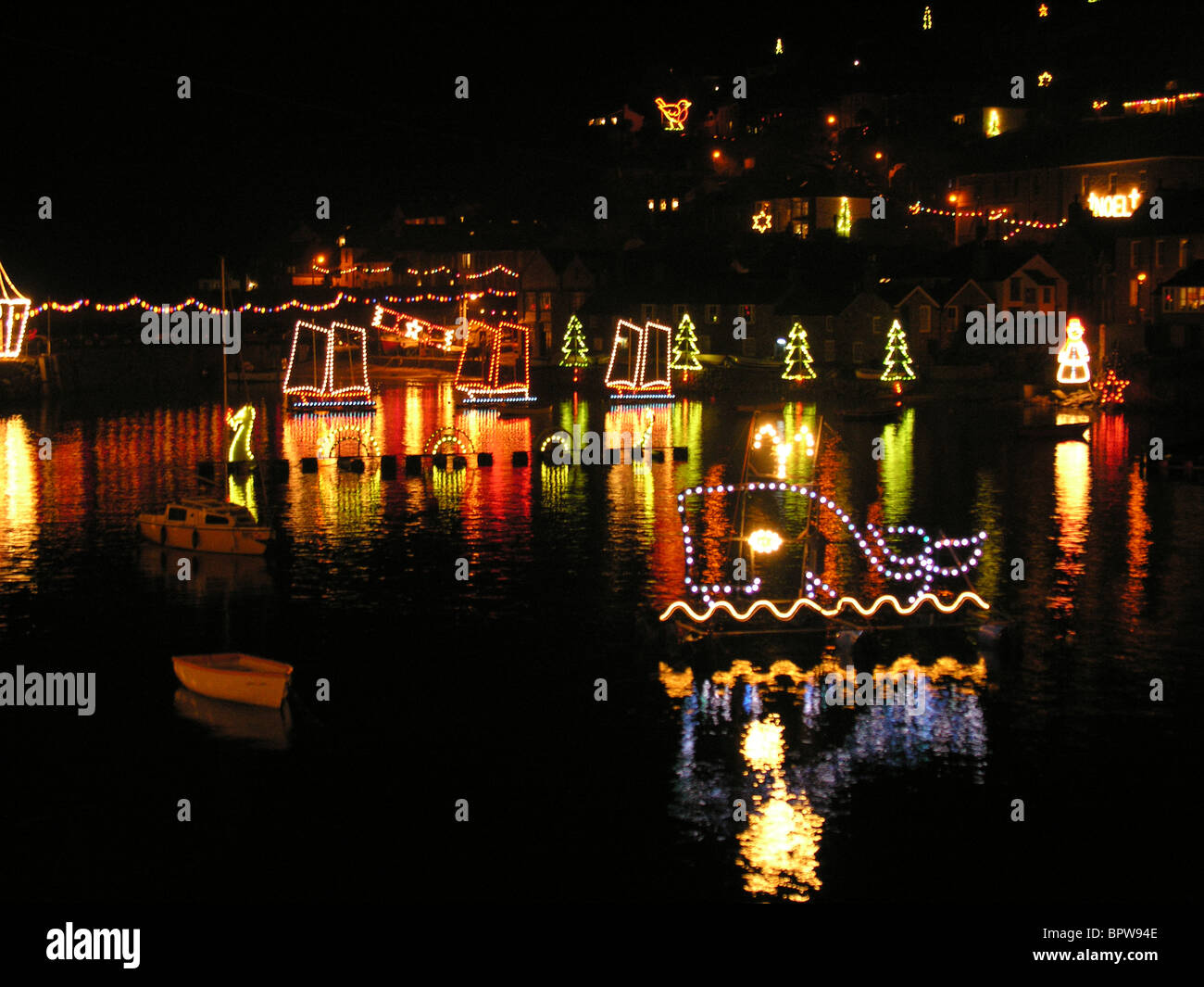 Mousehole Harbour Christmas lights display, Cornwall, UK Stock Photo