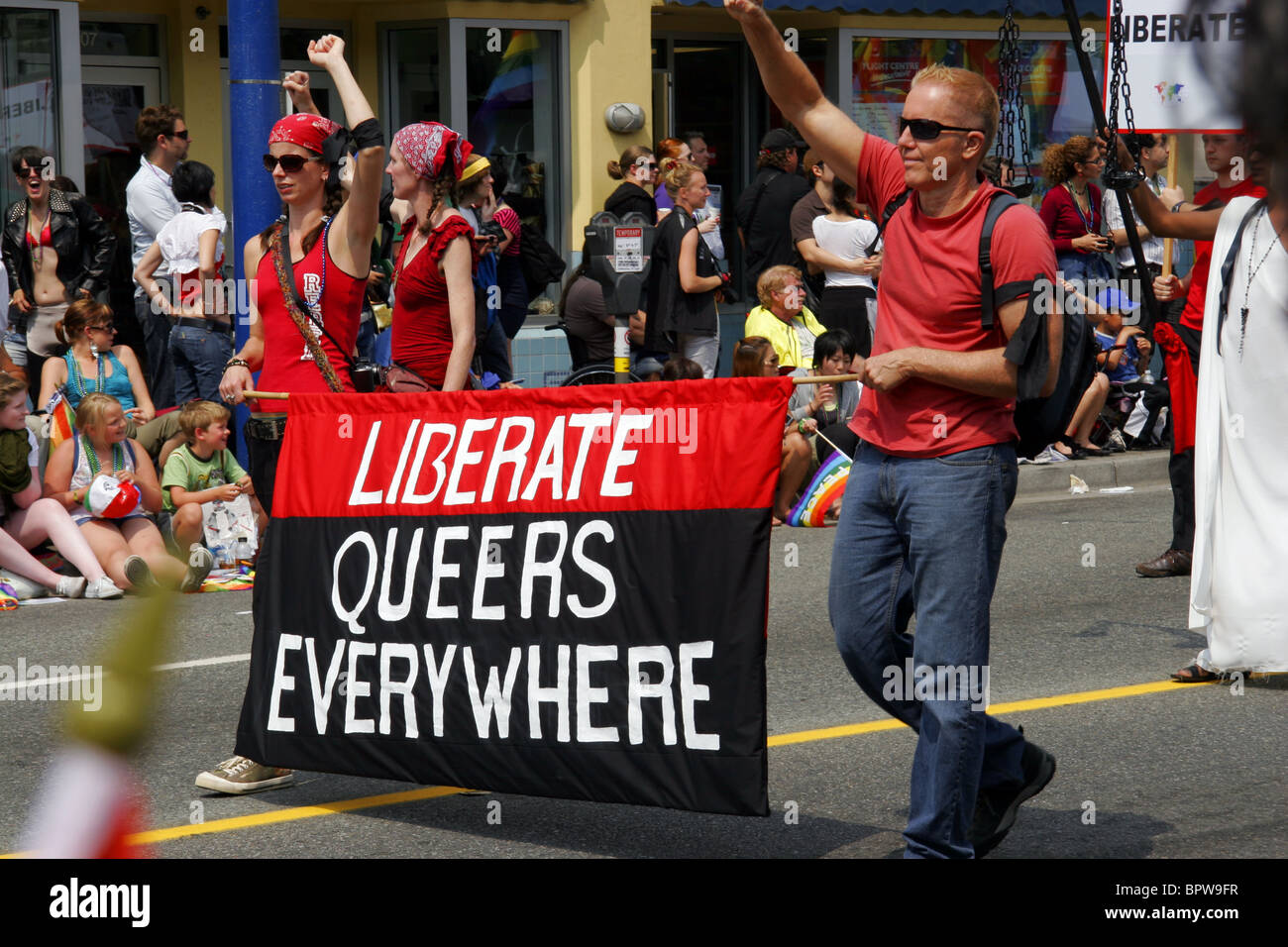Liberate Queers Everywhere protestors at Gay Pride march, Vancouver, British Columbia, Canada Stock Photo