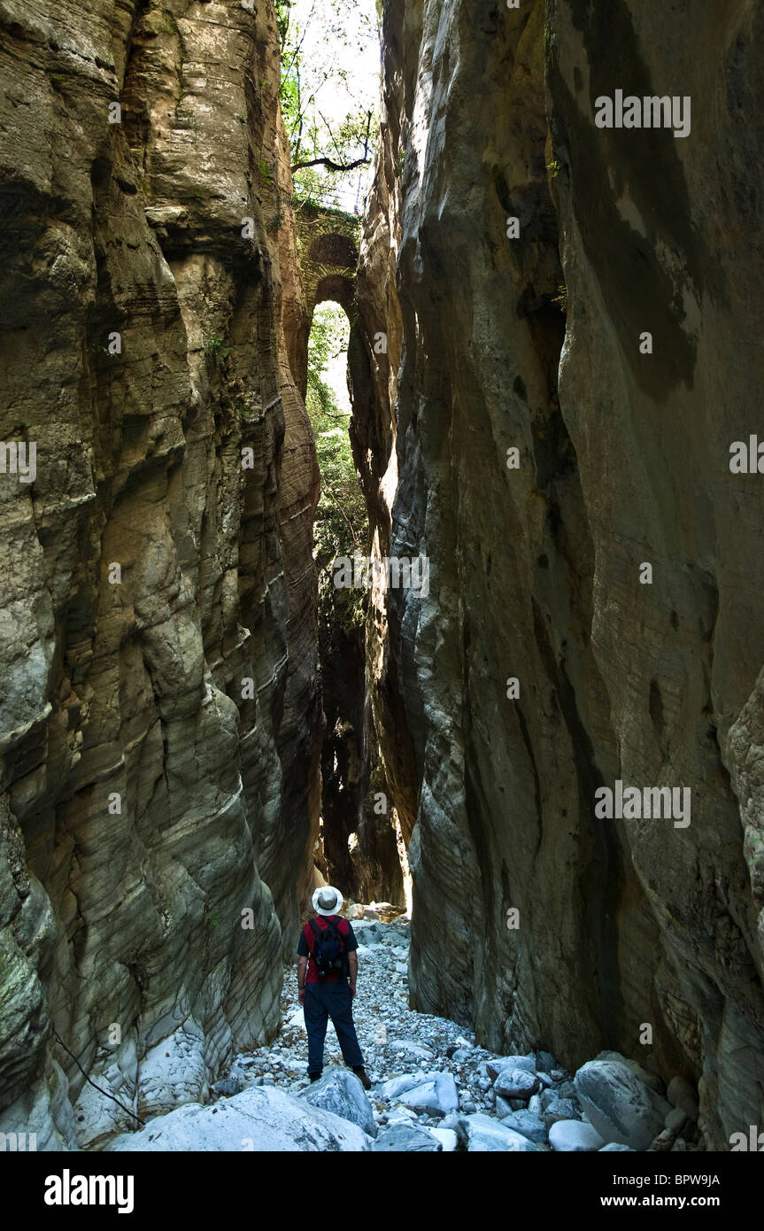 The Rindomo Gorge at its narrowest point. In the Taygetos mountains, Outer Mani, Southern Peloponnese, Greece. Stock Photo