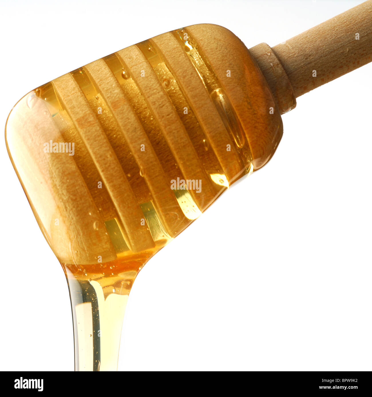 Honey is dripping down studio isolated on white background Stock Photo