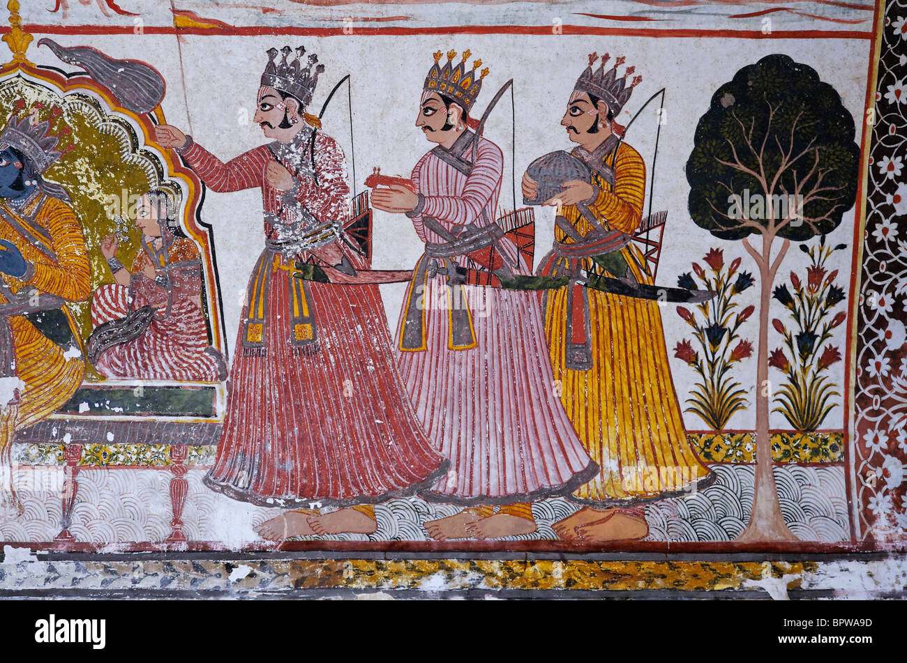 Wall paintings in the Raj Mahal, Orchha, Madhya Pradesh, India Stock Photo