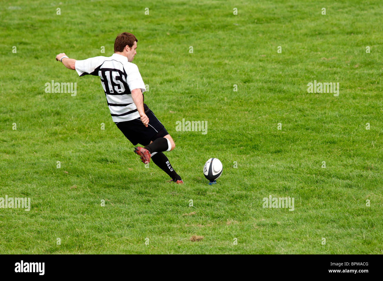 rugby player about to kick ball Stock Photo