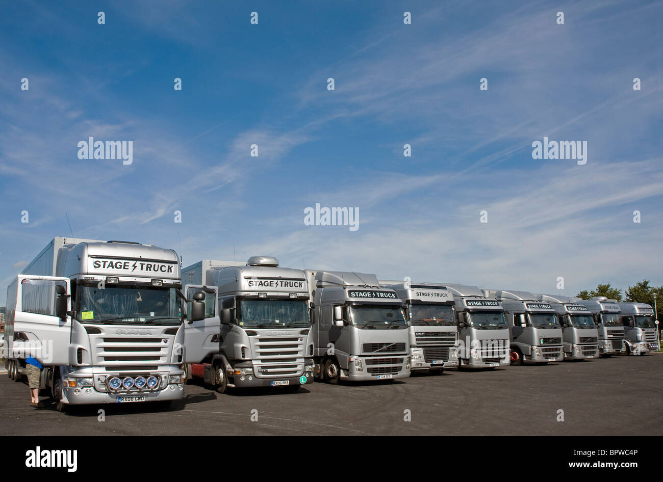 Trucks from Guns 'n Roses tour, Laganside, Belfast. Stock Photo
