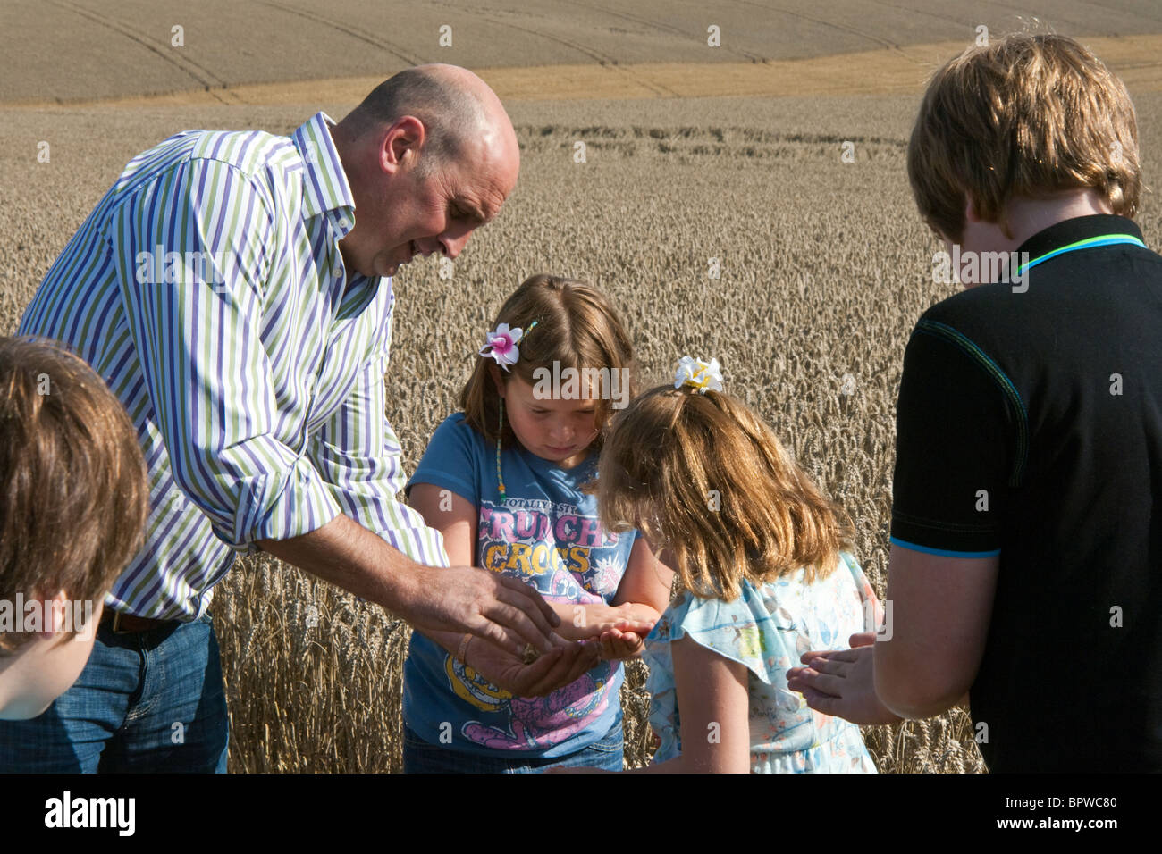Farmer teaching children about wheat, where flour comes from Stock Photo