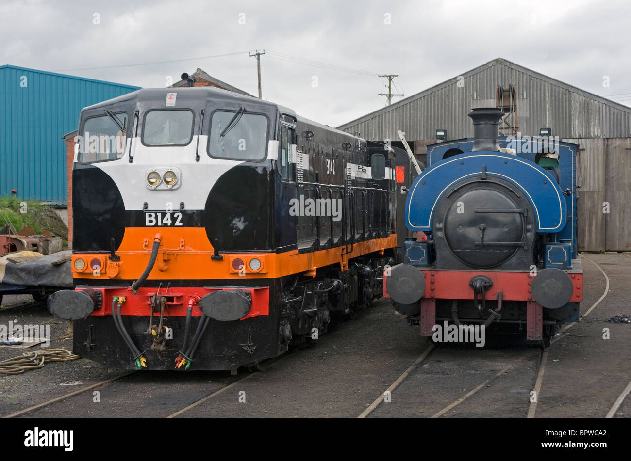 Two locomotives at Railway Preservation of Ireland's depot at Whitehead, County Antrim. Stock Photo