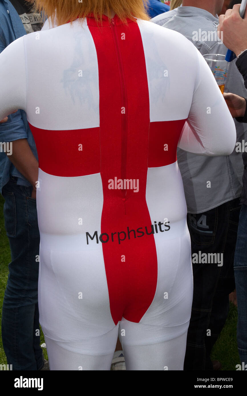 Man wearing Fancy Dress England, Flag of St George,  Morphsuits at Betfred Sprint Cup Race meeting, Haydock Park Racecourse Saturday 4th September, 2010 Stock Photo