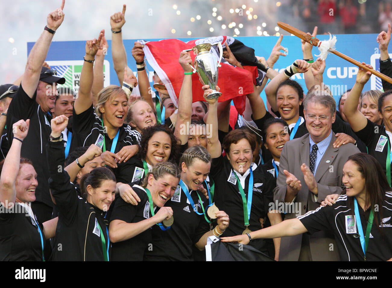 New Zealand celebrate the victory of the Women's Rugby World Cup Final. Stock Photo