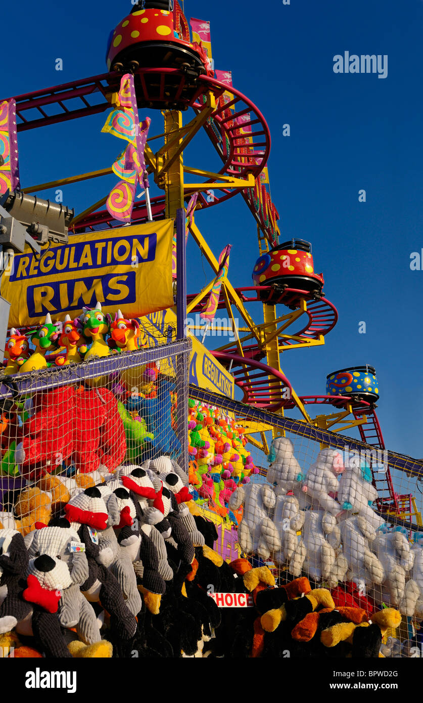 Mouse rollercoaster with midway plush toy prizes at the CNE Toronto funfair Stock Photo