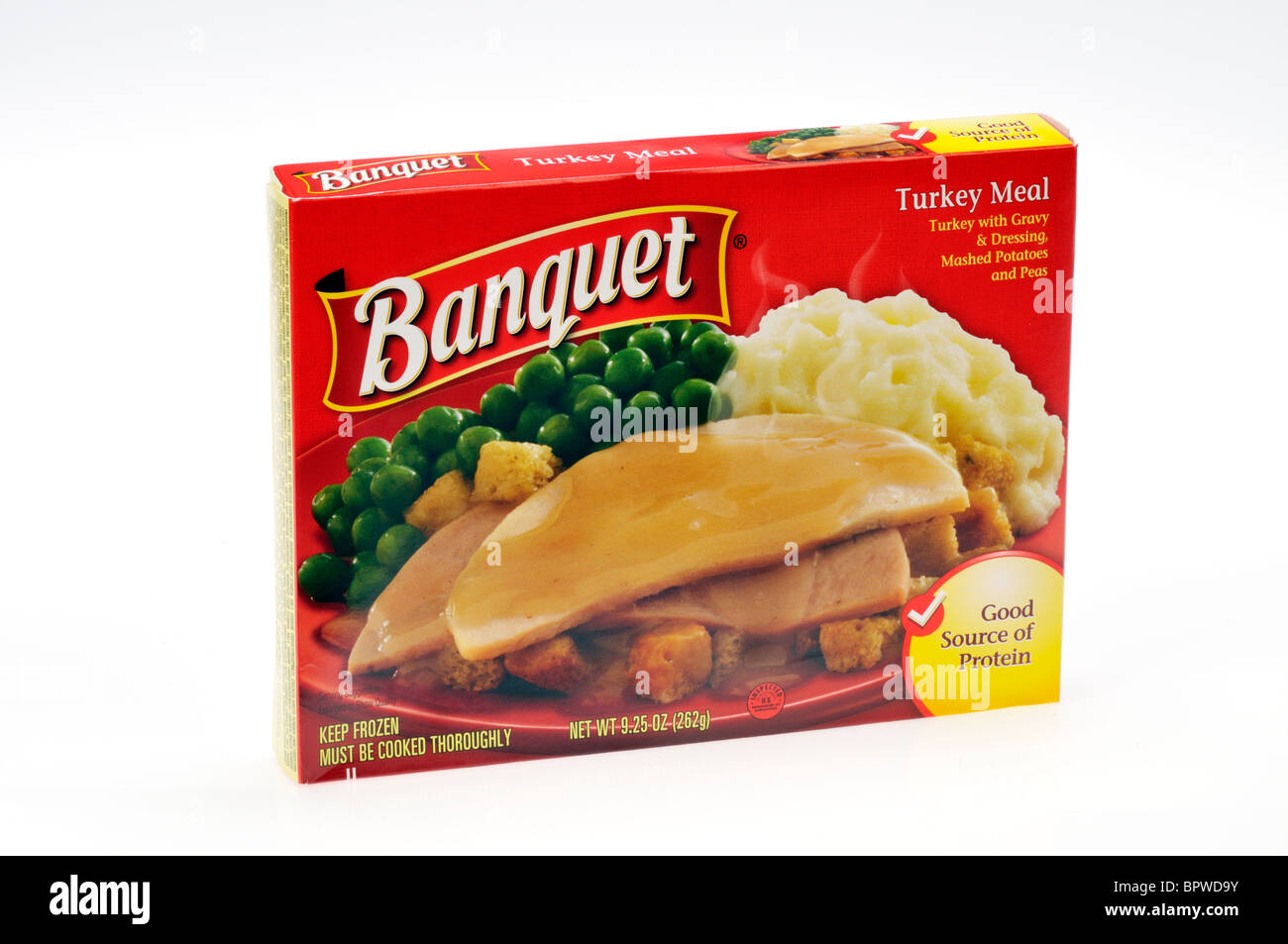 Banquet frozen ready meal turkey dinner in carton on white background, cutout Stock Photo