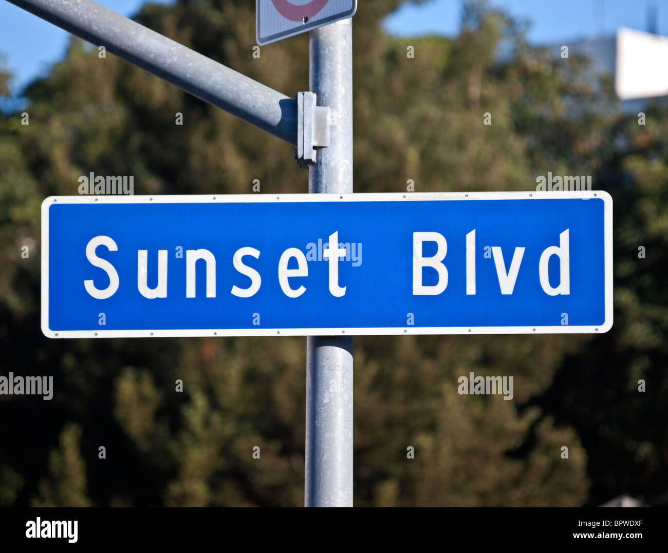 Sunset Blvd sign. Los Angeles's famous route from downtown to Beverly Hills. Stock Photo