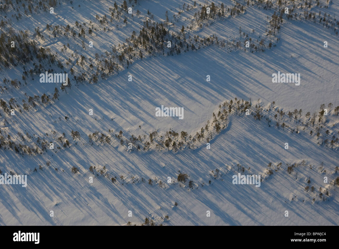 Aerial of the northern aapa mire or fen in  Oulanka National Park, Finland. Stock Photo