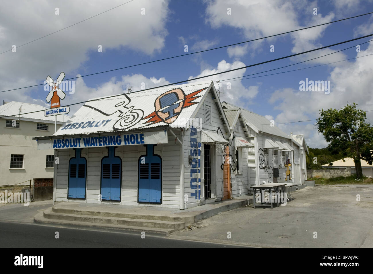 Rum-shop advertising Absolut spirits on its walls and roof in St Lawrence Stock Photo