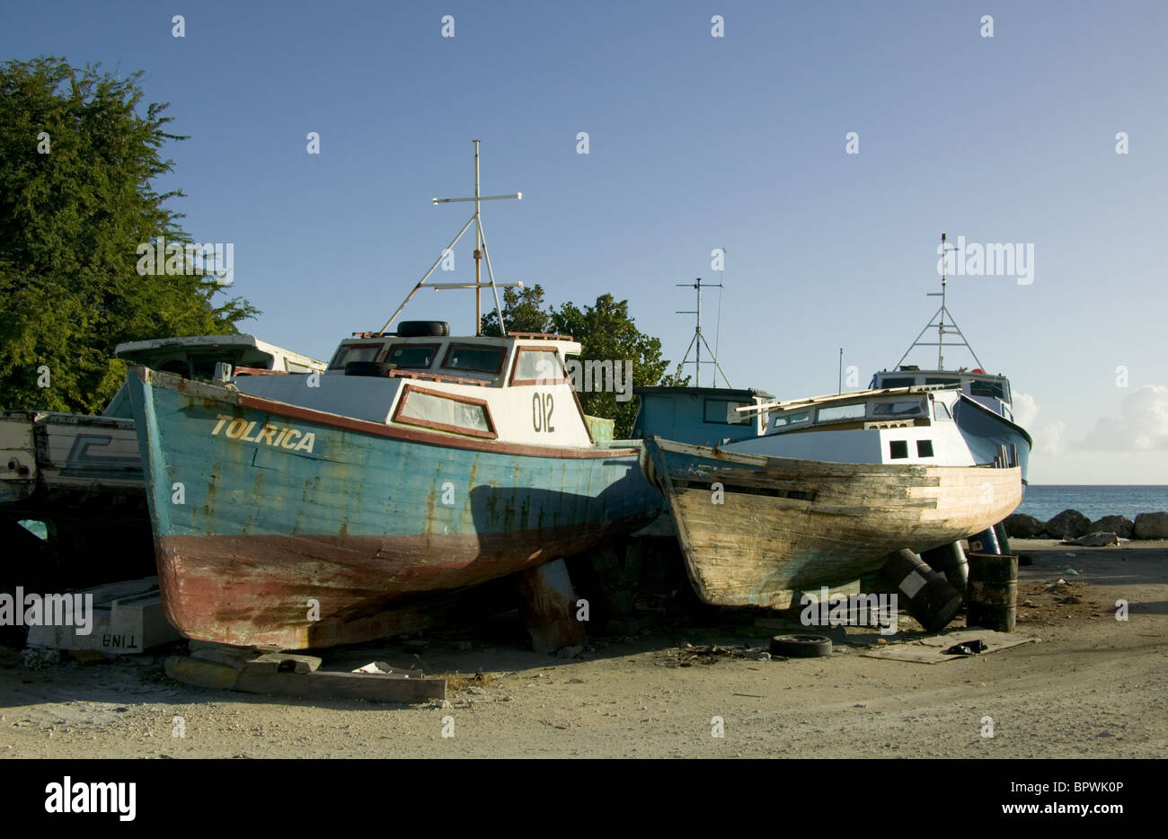 Fishing boats in dry docks at Oistins in Barbados in the Caribbean Islands Stock Photo