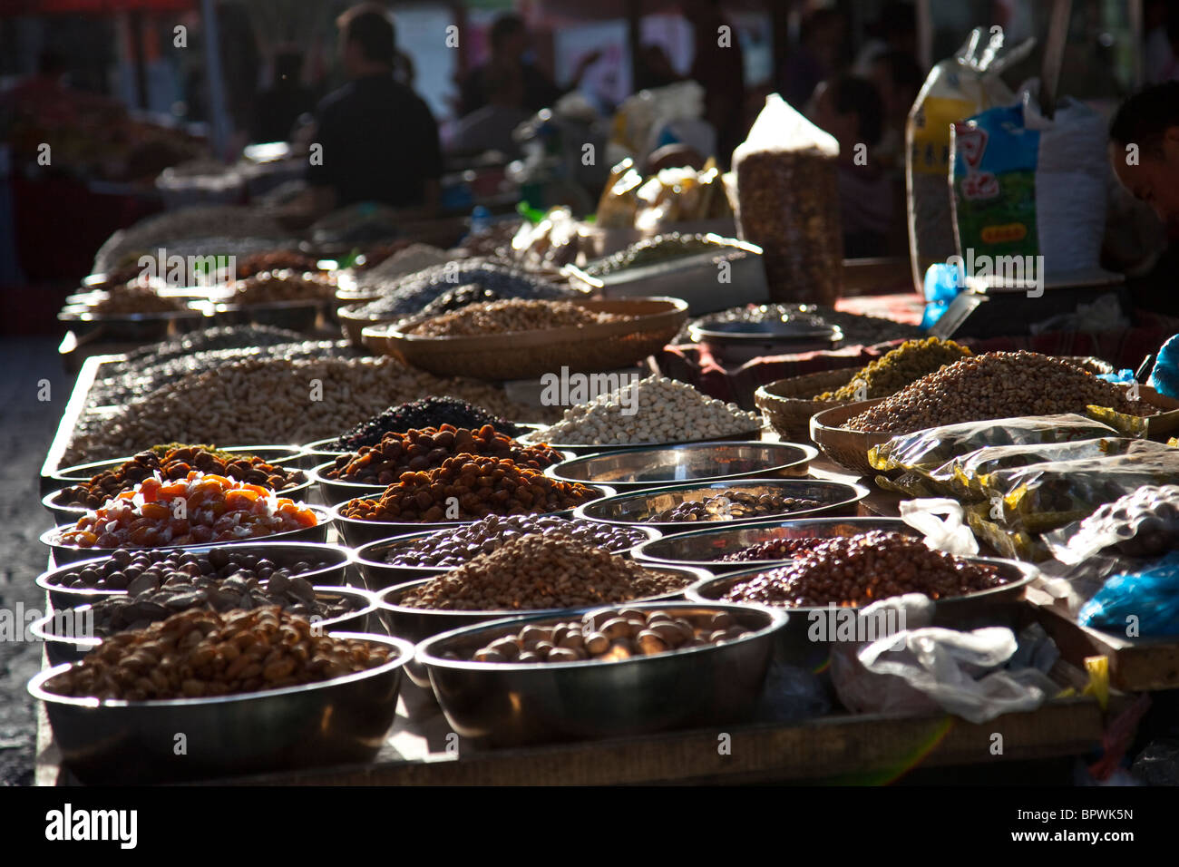 Dried fruit and nuts being sold at the market in Dunhuang, Gansu, China