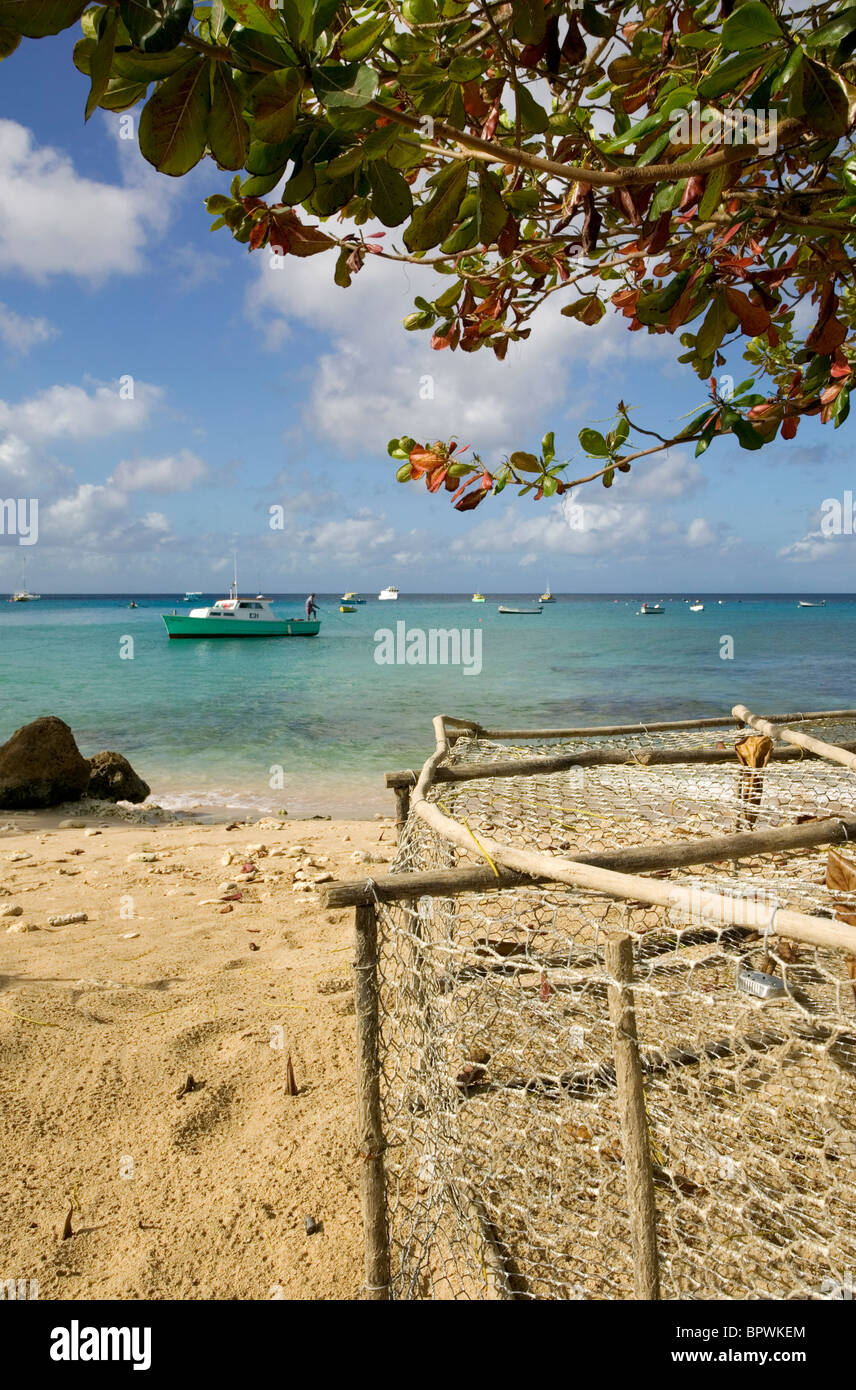 Lobster pots on beach at Six Men's Bay in Barbados in the Caribbean